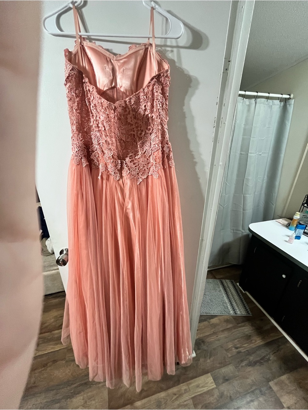 by & by Blush Pink Lace Bodice Tulle Evening Dress